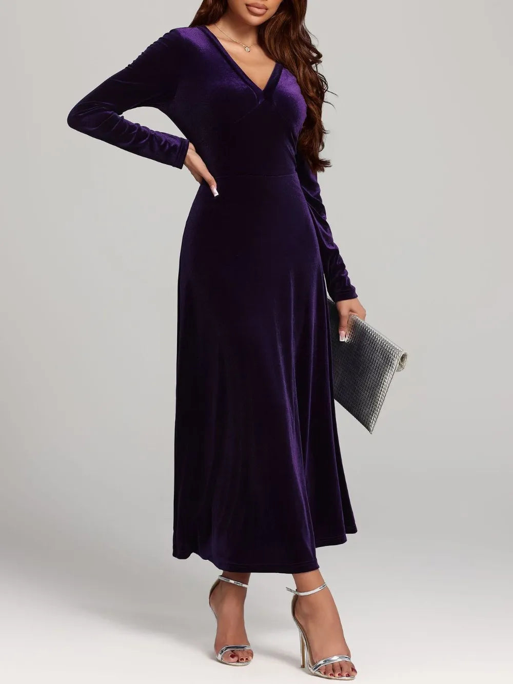 V-Neck Long Sleeve Velvet Dress - alternate view 5
