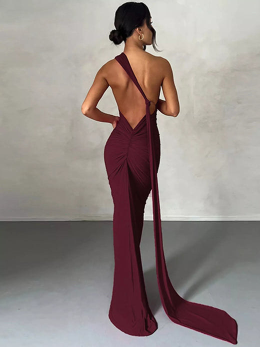 Backless One-Shoulder Ruched Bodycon Maxi Dress - alternate view 3