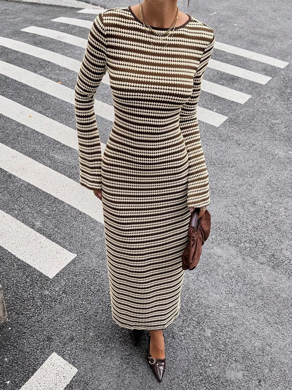 Backless Striped Ribbed Knit Maxi Dress with Flared Sleeves - alternate view 5