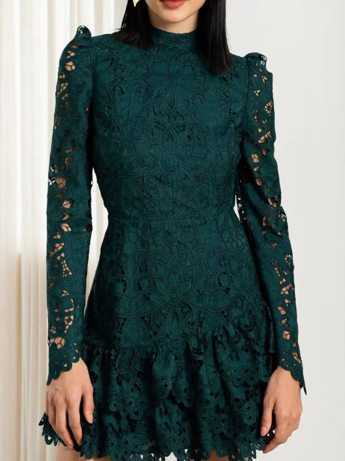 Lace Mock Neck Long Sleeve Mini Dress - alternate view 3