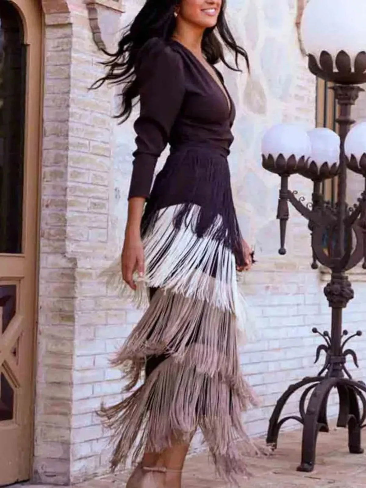 Fringed V-Neck Puff Sleeve Maxi Dress - alternate view 17