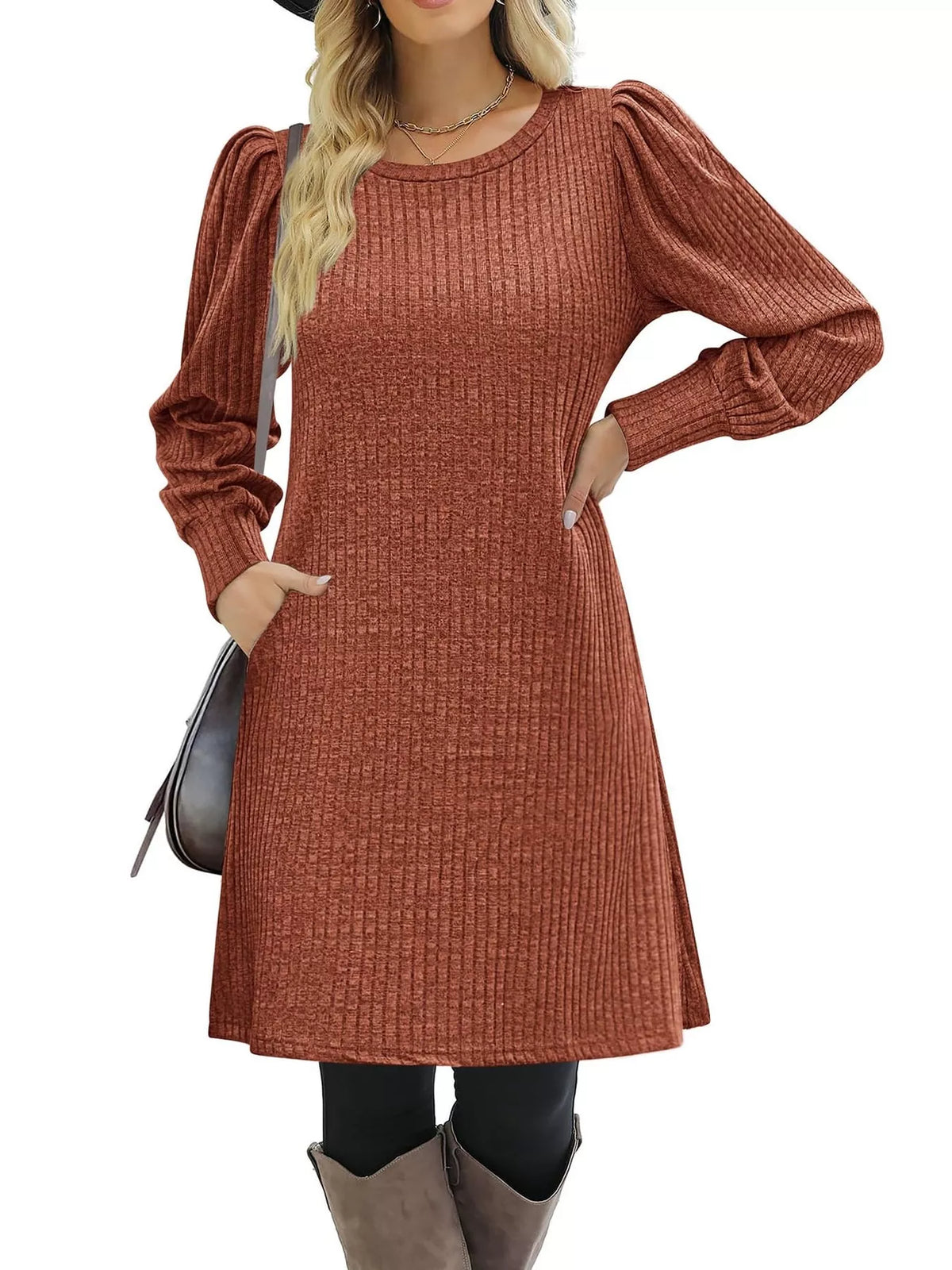 Puff Sleeve Ribbed Knit Dress with Pockets - alternate view 6