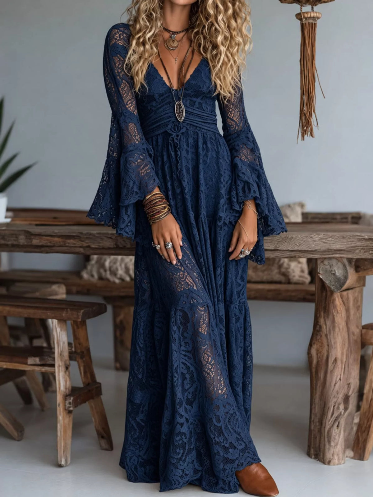 V-Neck Lace Flare Sleeve Maxi Dress - alternate view 8