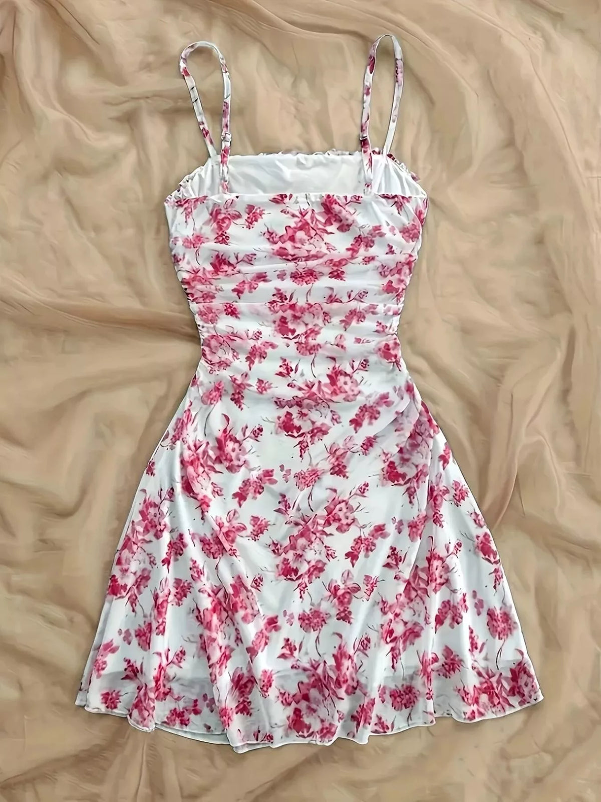 Floral Ruched Spaghetti Strap Mini Dress - alternate view 4