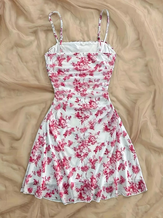 Floral Ruched Spaghetti Strap Mini Dress - alternate view 4
