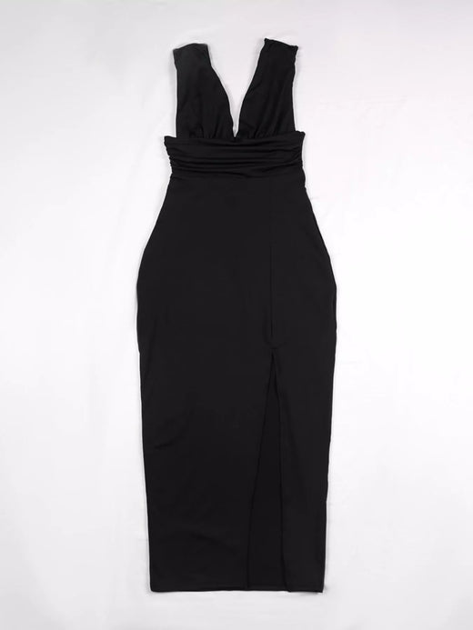 Sleeveless Deep V-Neck Ruched High Slit Bodycon Dress - alternate view 3