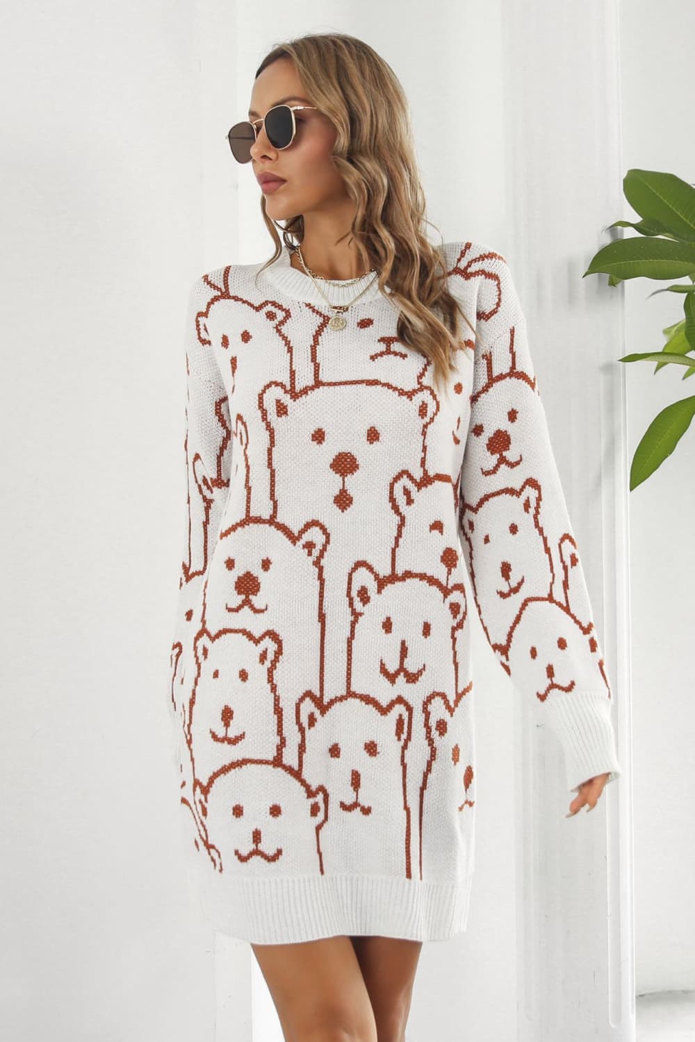 Bear Pattern Round Neck Sweater Dress - alternate view 6