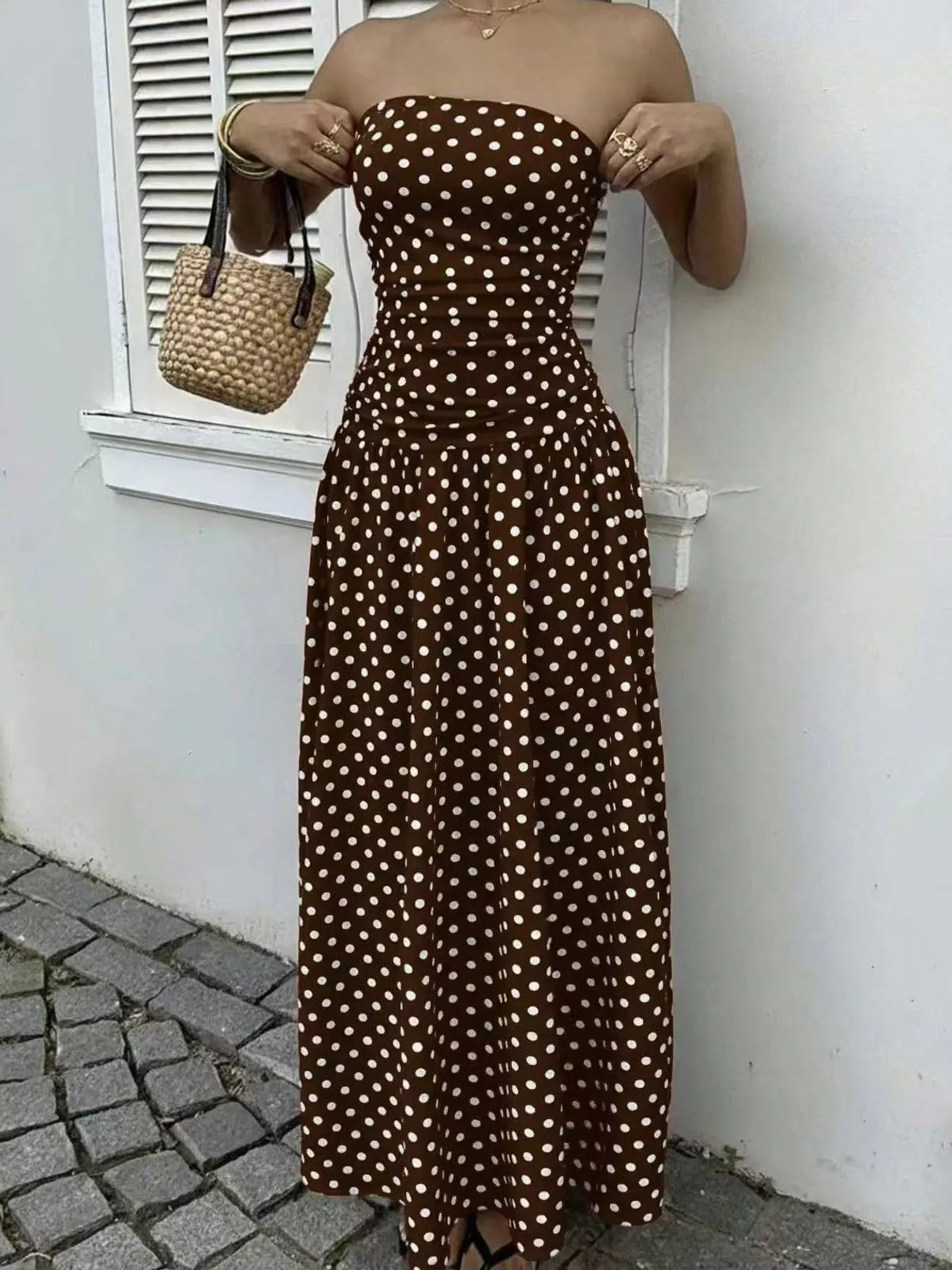 Strapless Polka Dot Ruched Maxi Dress - alternate view 23