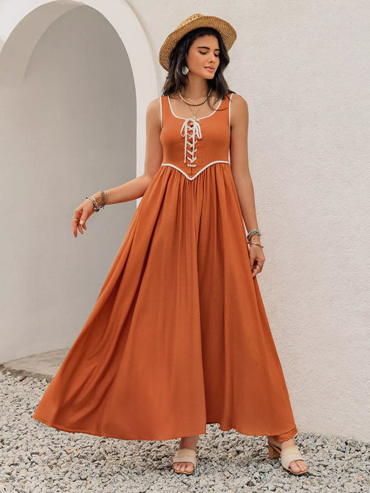 Contrast Trim Lace-Up Maxi Tank Dress - alternate view 4