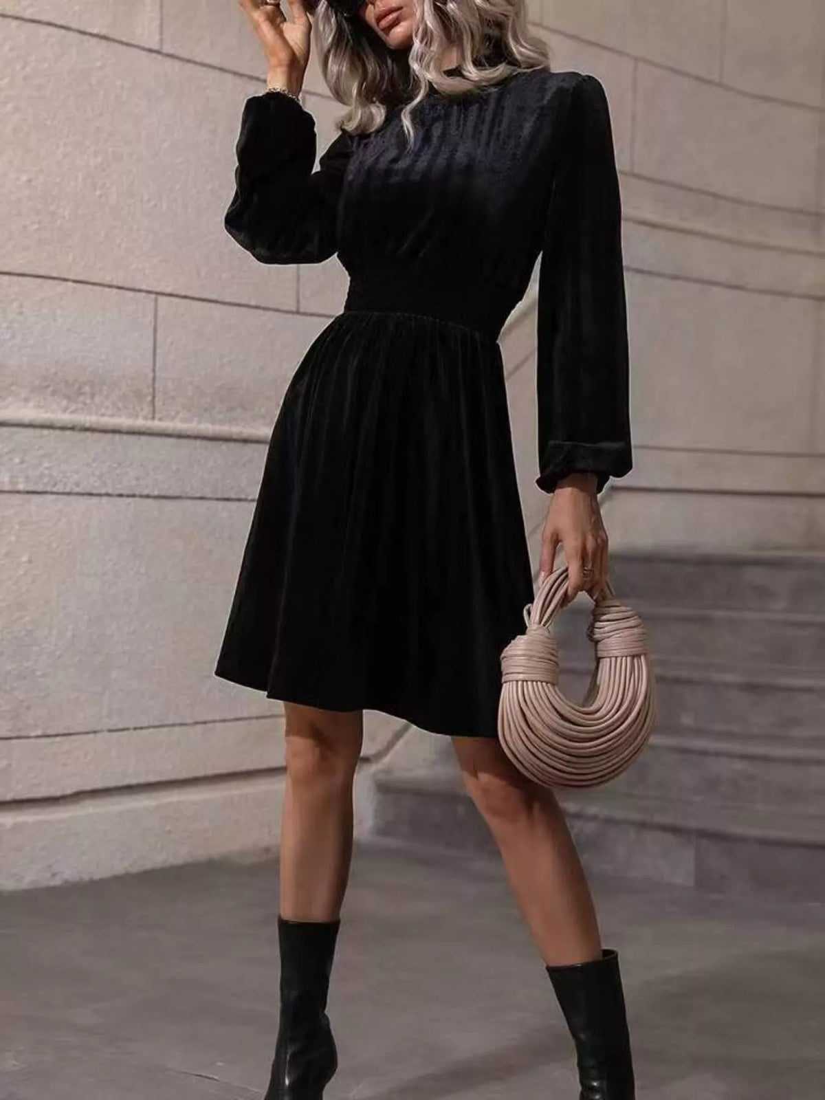 Velvet High Neck Long Sleeve A-Line Dress - alternate view 9