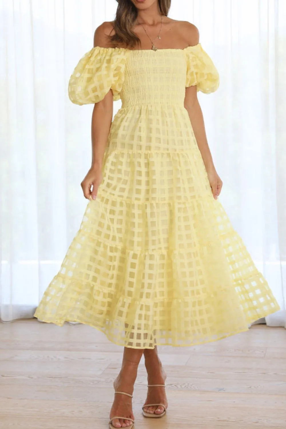 Off Shoulder Short Puff Sleeve Midi Dress - alternate view 7