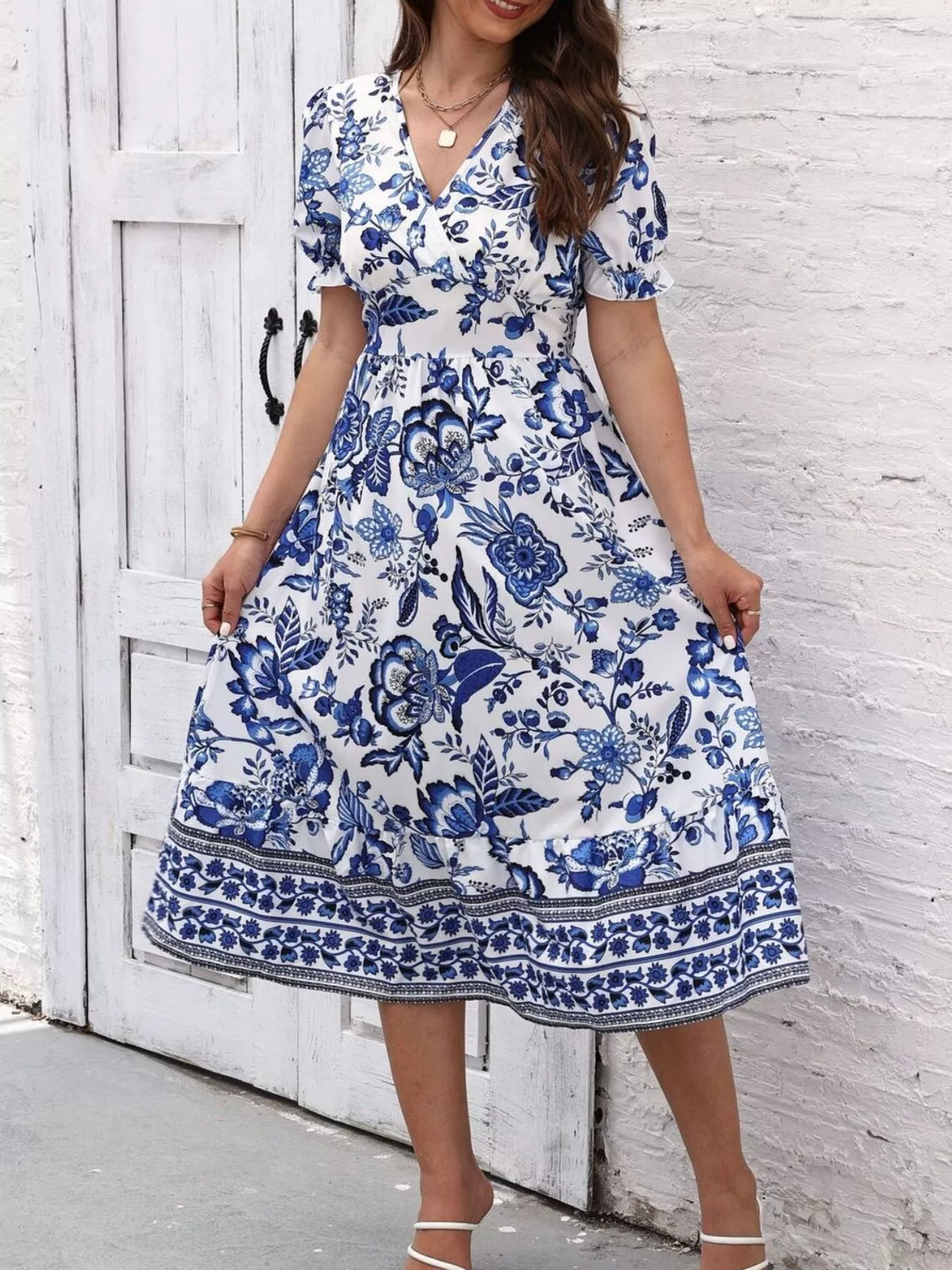 Floral Print Puff Sleeve Wrap Midi Dress - alternate view 2