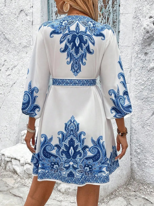 Paisley V-Neck 3/4 Sleeve Mini Dress - alternate view 2