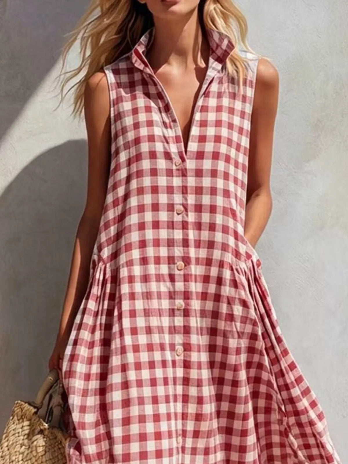 Full Size Sleeveless Gingham Button-Down Midi Dress Plus Size - alternate view 4