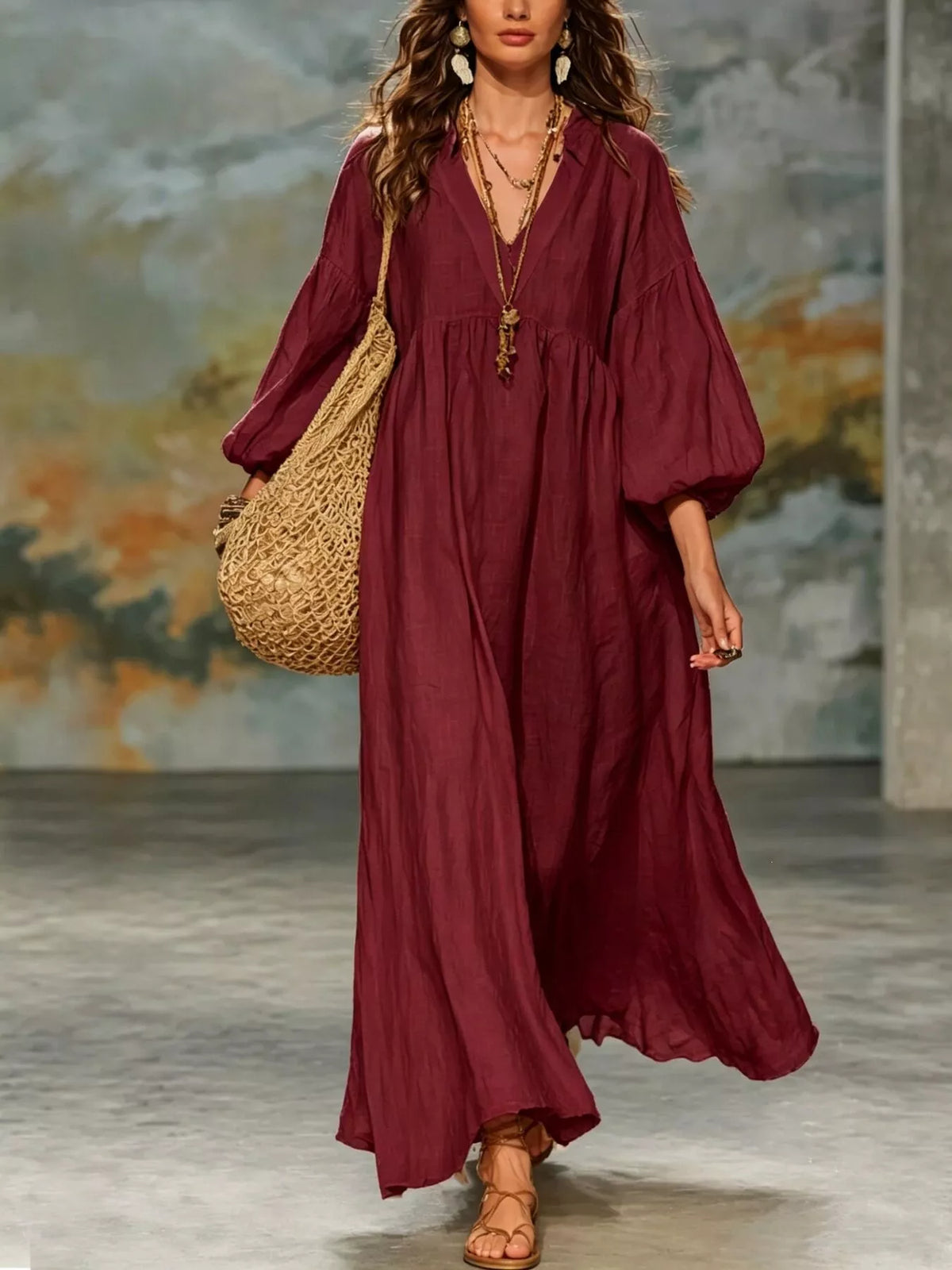 Full Size Notched 3/4 Sleeve Maxi Dress Plus Size - alternate view 7