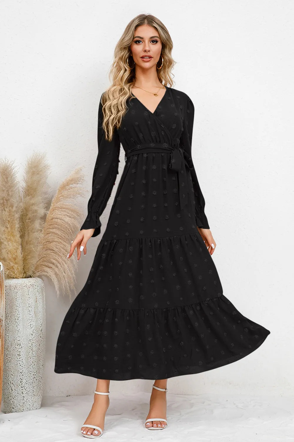 Swiss Dot Tied Surplice Flounce Sleeve Dress - alternate view 12