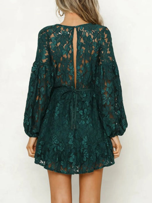 Lace V-Neck Long Sleeve Mini Dress - alternate view 4