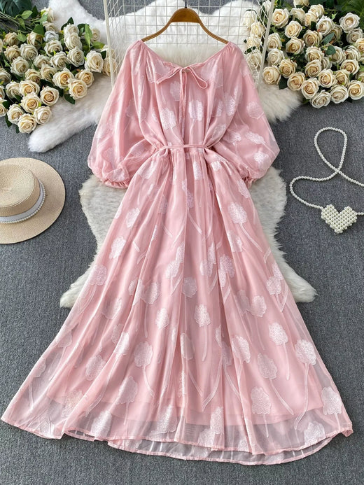 Button Front Puff Sleeve Chiffon Dress - alternate view 3