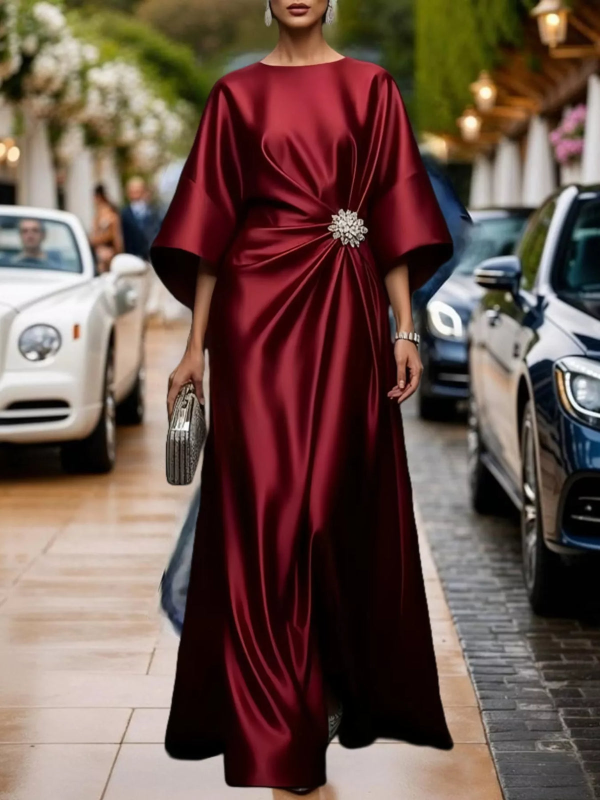 Full Size Satin Draped Evening Dress with Crystal Brooch Plus Size - alternate view 15