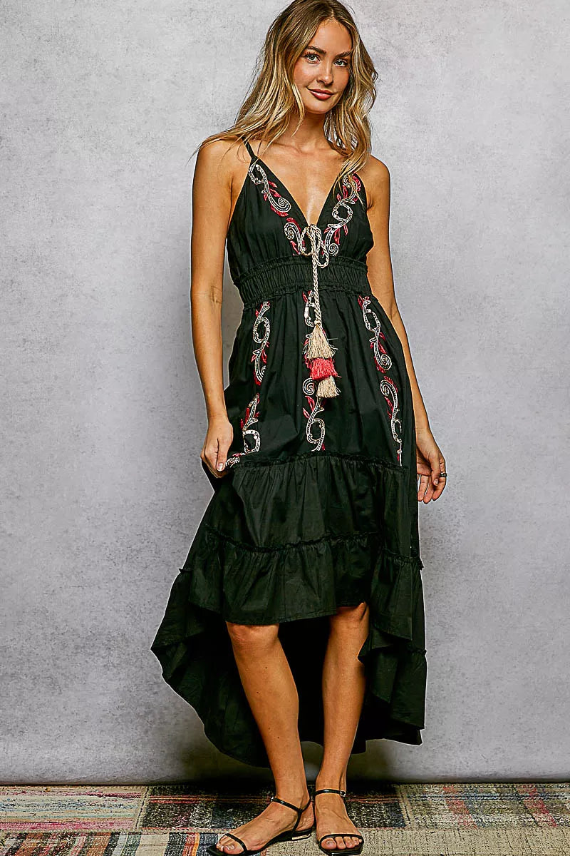 POL Embroidered Detail Tassel Tie Smocked Waist Midi Tiered Cami Dress - alternate view 3