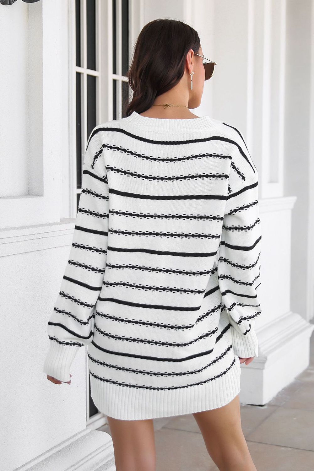 Striped V-Neck Sweater Dress - alternate view 2