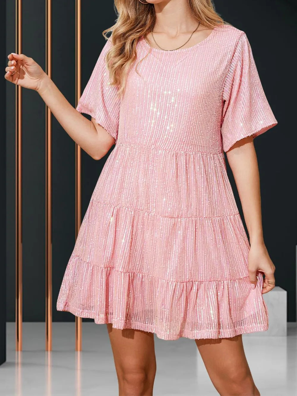 Sequin Round Neck Half Sleeve Mini Dress - alternate view 9