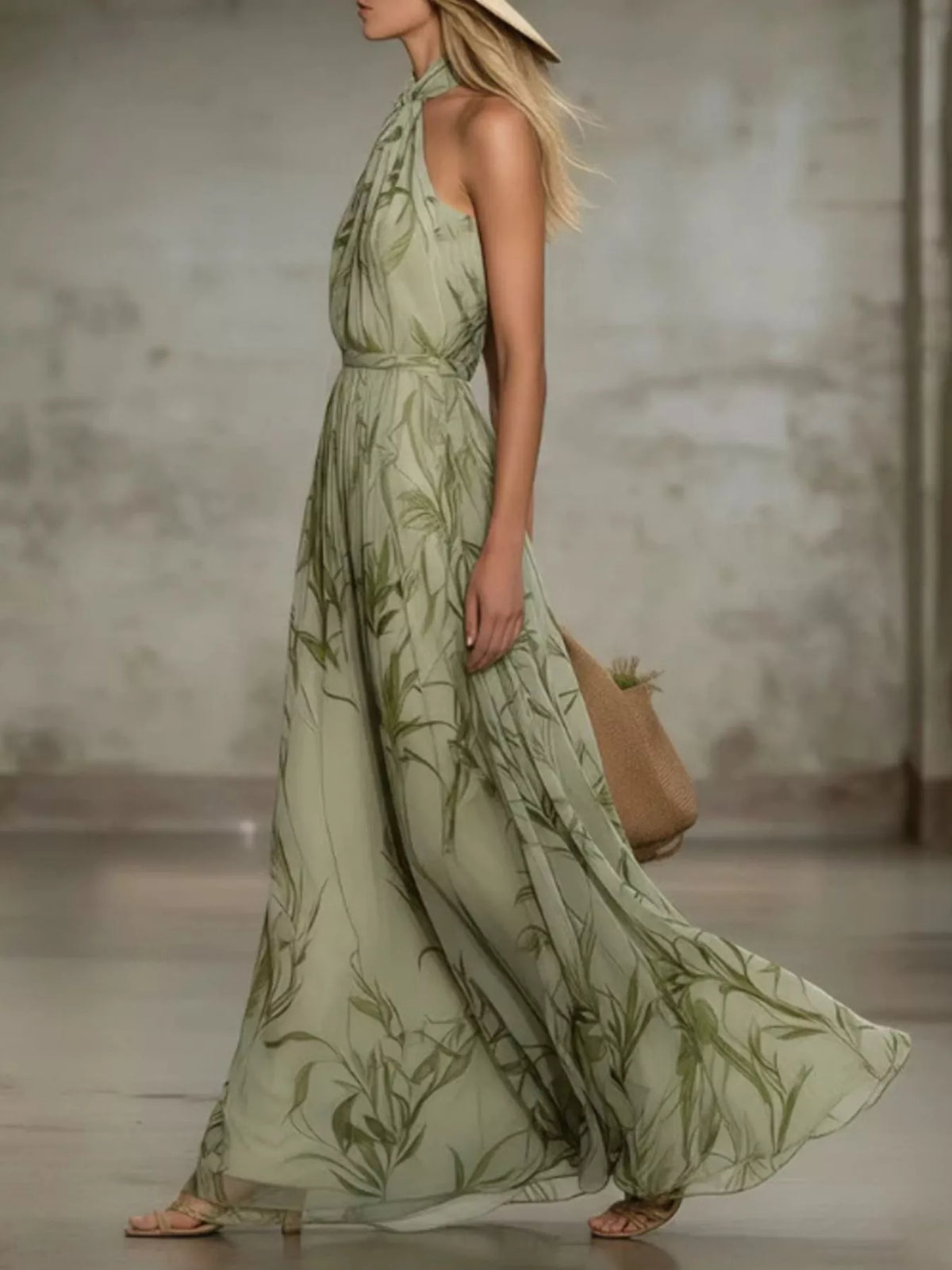 Leaf Print Sleeveless Chiffon Maxi Dress - alternate view 4