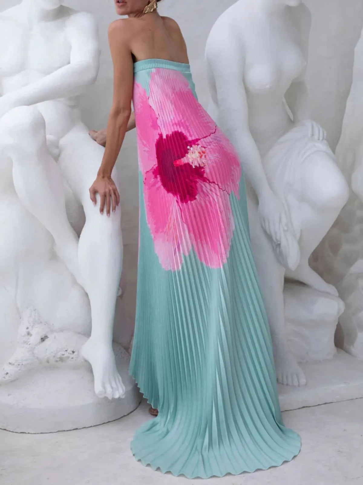 Pleated Printed Tube Floor Length Dress - alternate view 4