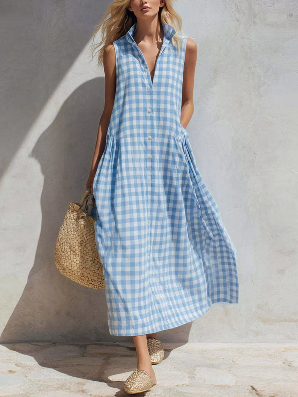 Full Size Sleeveless Gingham Button-Down Midi Dress Plus Size
