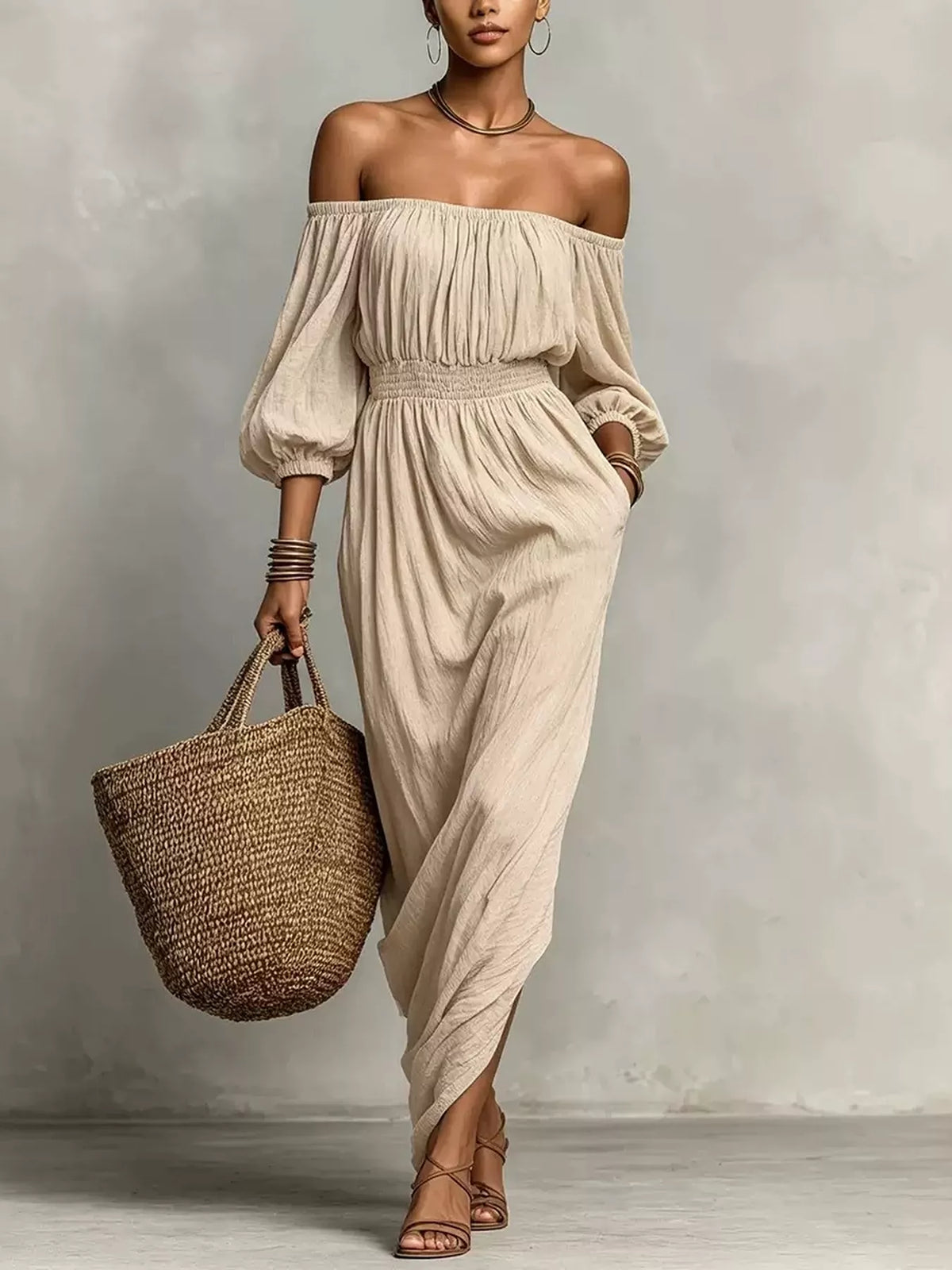 Off-Shoulder Smocked Waist Maxi Dress