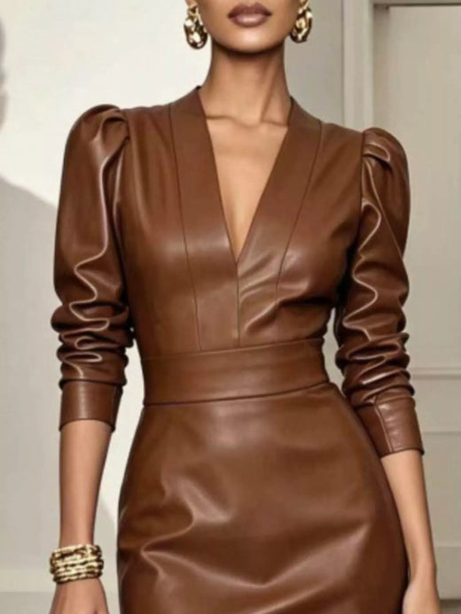 V-Neck Puff Sleeve Midi Dress - alternate view 6