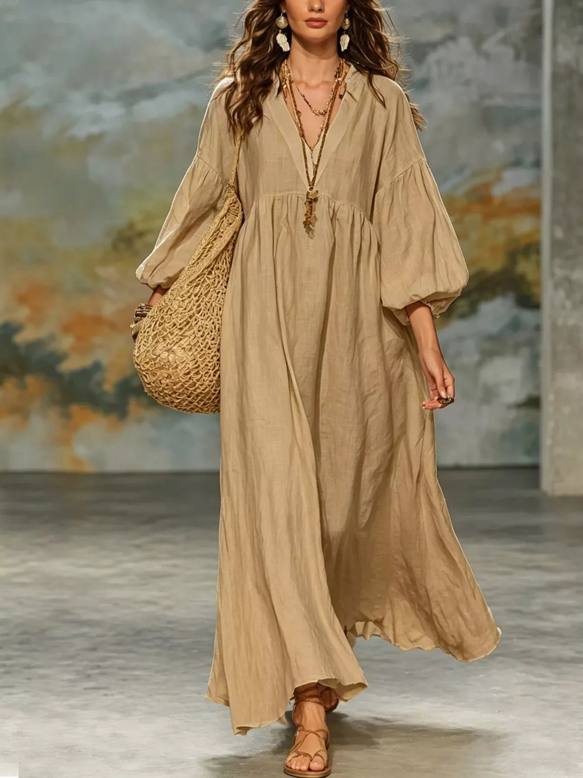 Full Size Notched 3/4 Sleeve Maxi Dress Plus Size - alternate view 3