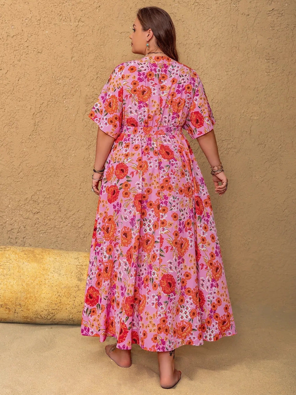Slit Floral V-Neck Half Sleeve Maxi Dress - alternate view 3