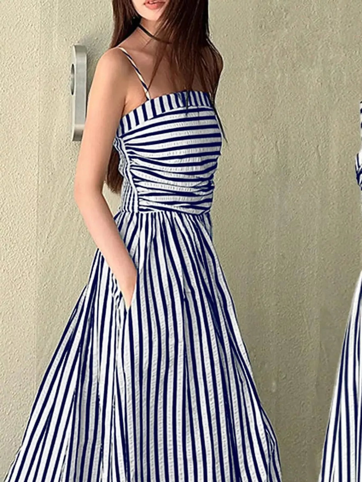 Striped Spaghetti Strap A-Line Maxi Dress - alternate view 6
