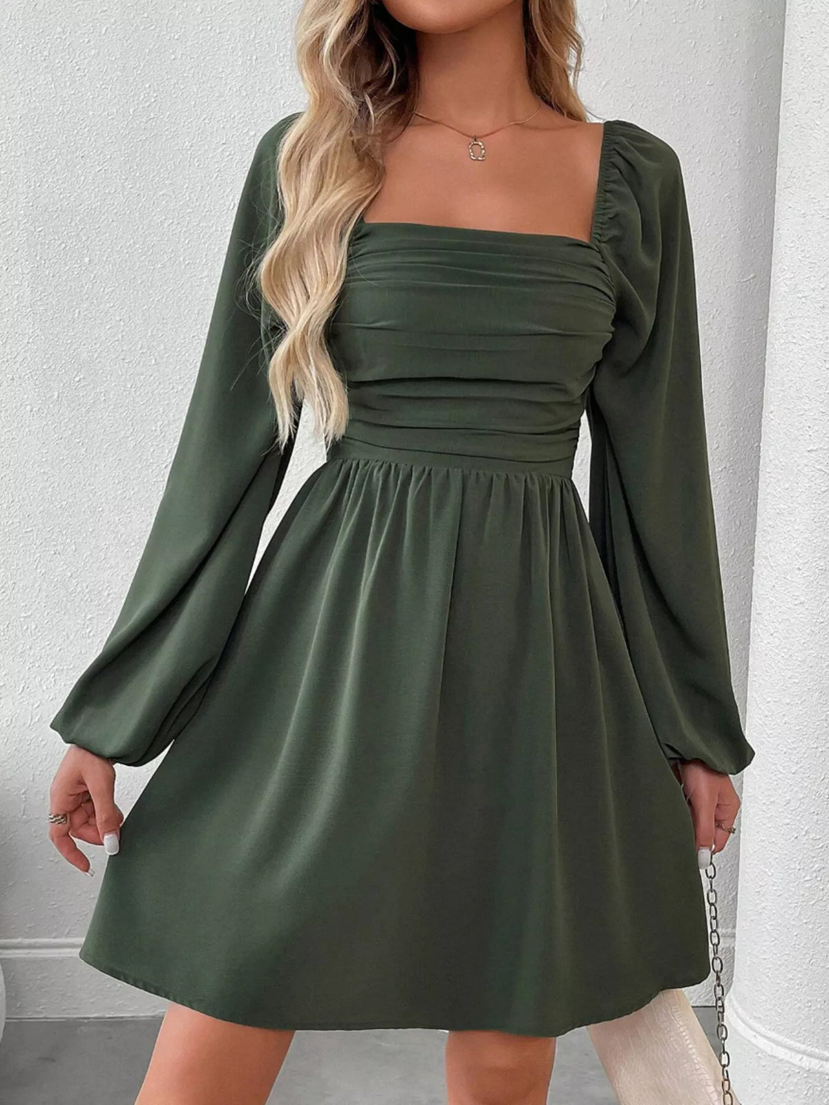 Ruched Square Neck Long Sleeve A-Line Dress - alternate view 8