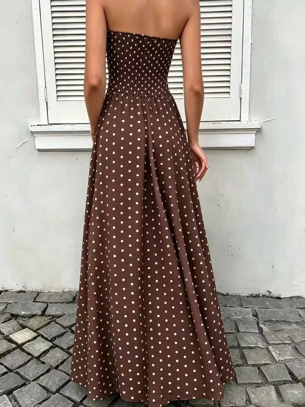 Strapless Polka Dot Ruched Maxi Dress - alternate view 25