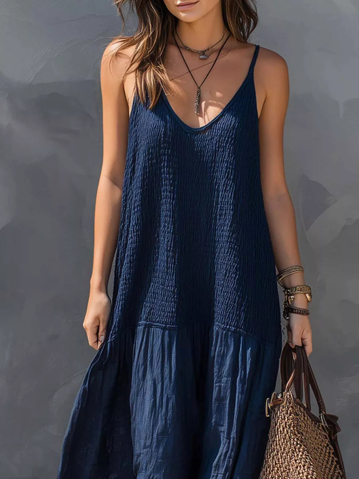 Sleeveless Smocked V-Neck Casual Maxi Dress - alternate view 3