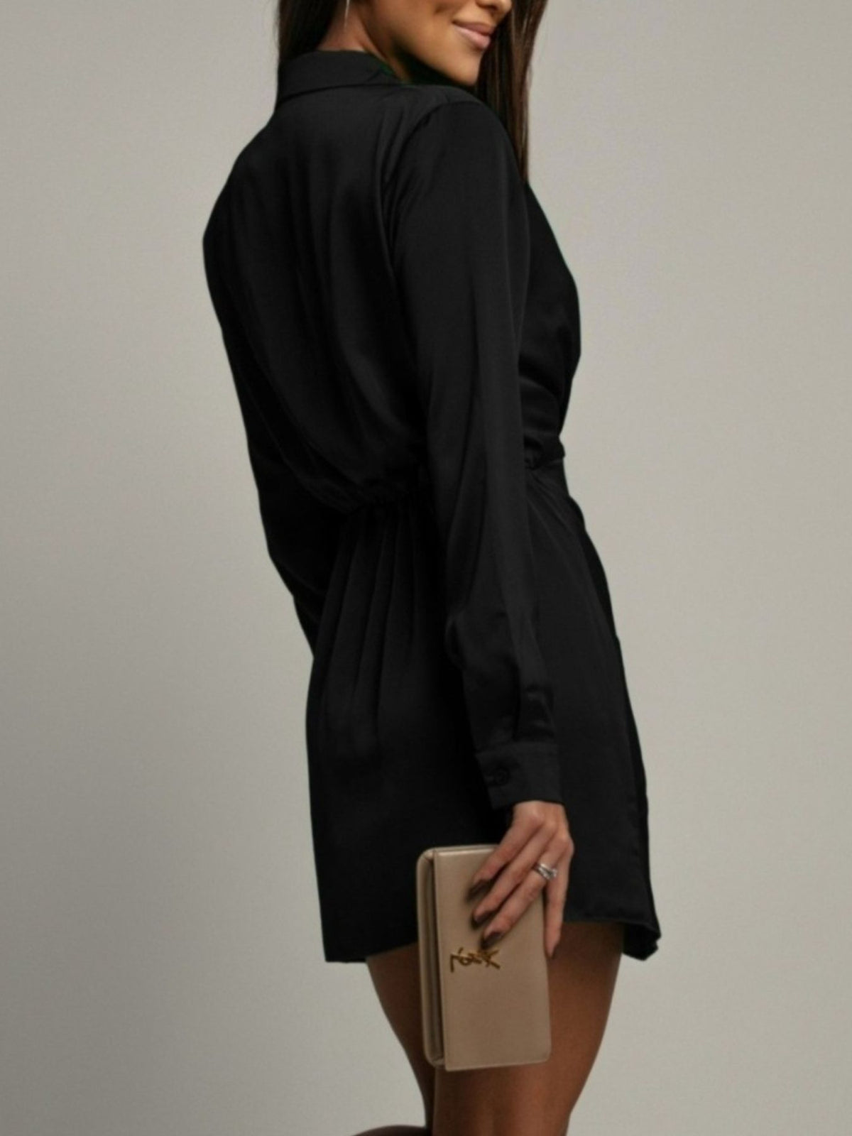 Collared Neck Long Sleeve Satin Dress - alternate view 8