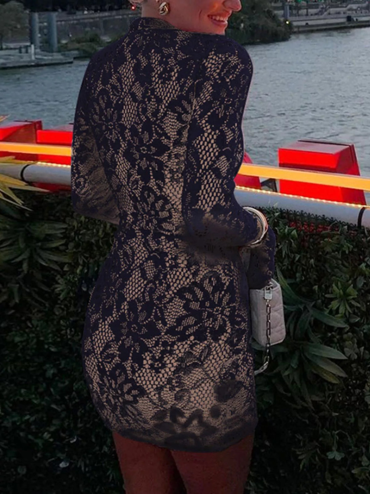Lace Cutout Long Sleeve Mini Dress - alternate view 3