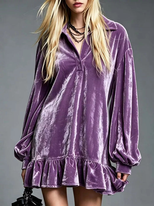 Full Size Velvet Long-Sleeve Ruffle Hem Mini Dress Plus Size - alternate view 16
