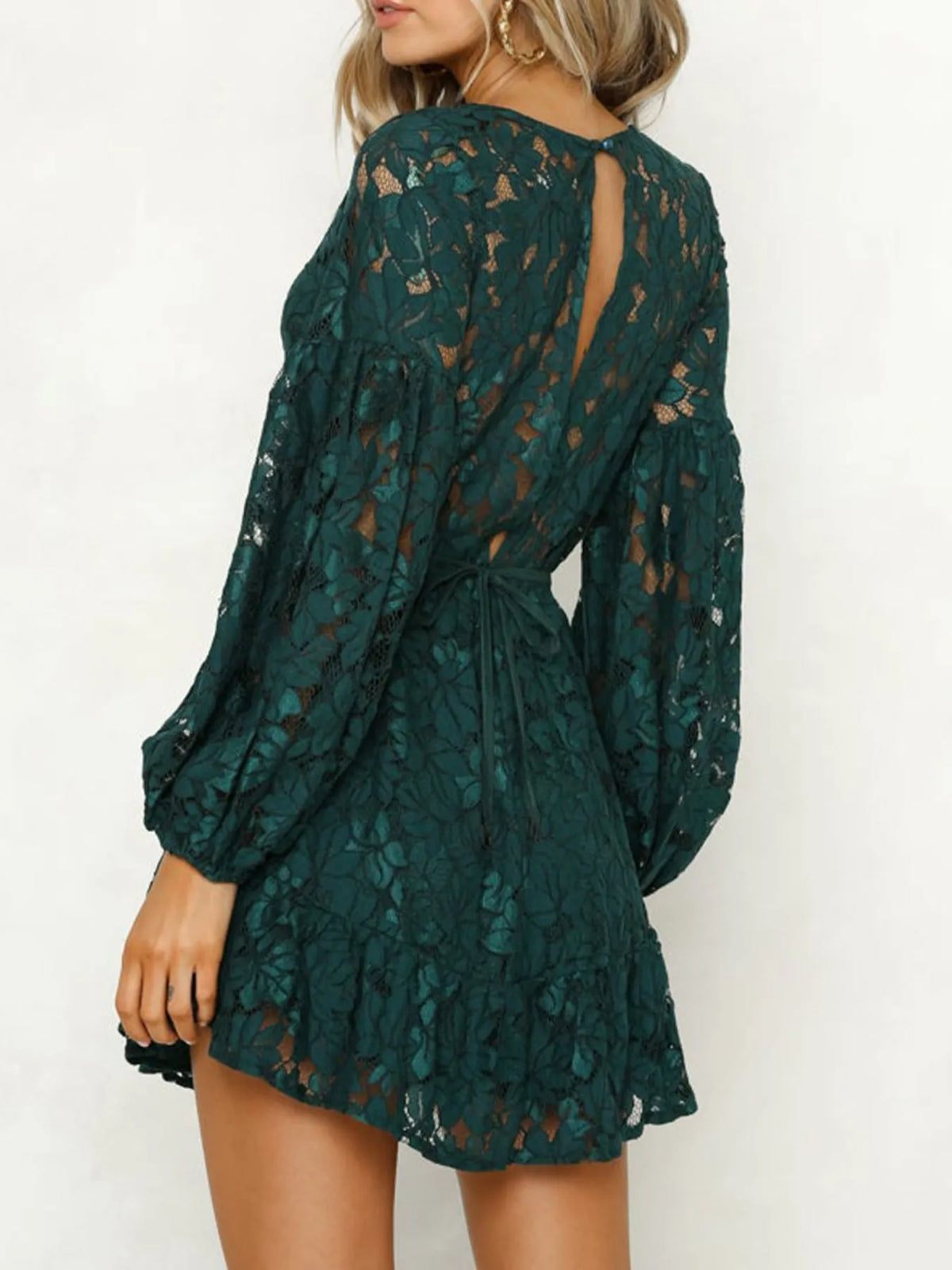 Lace V-Neck Long Sleeve Mini Dress - alternate view 3