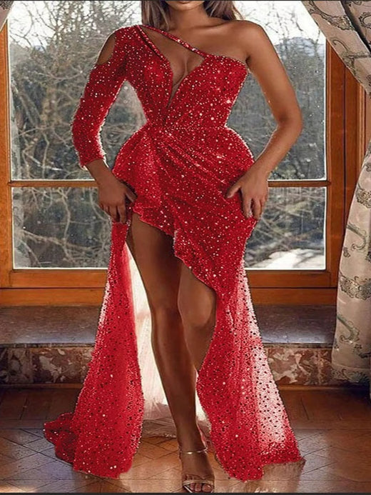 Full Size Sequin One-Shoulder High-Slit Evening Dress Plus Size - alternate view 5