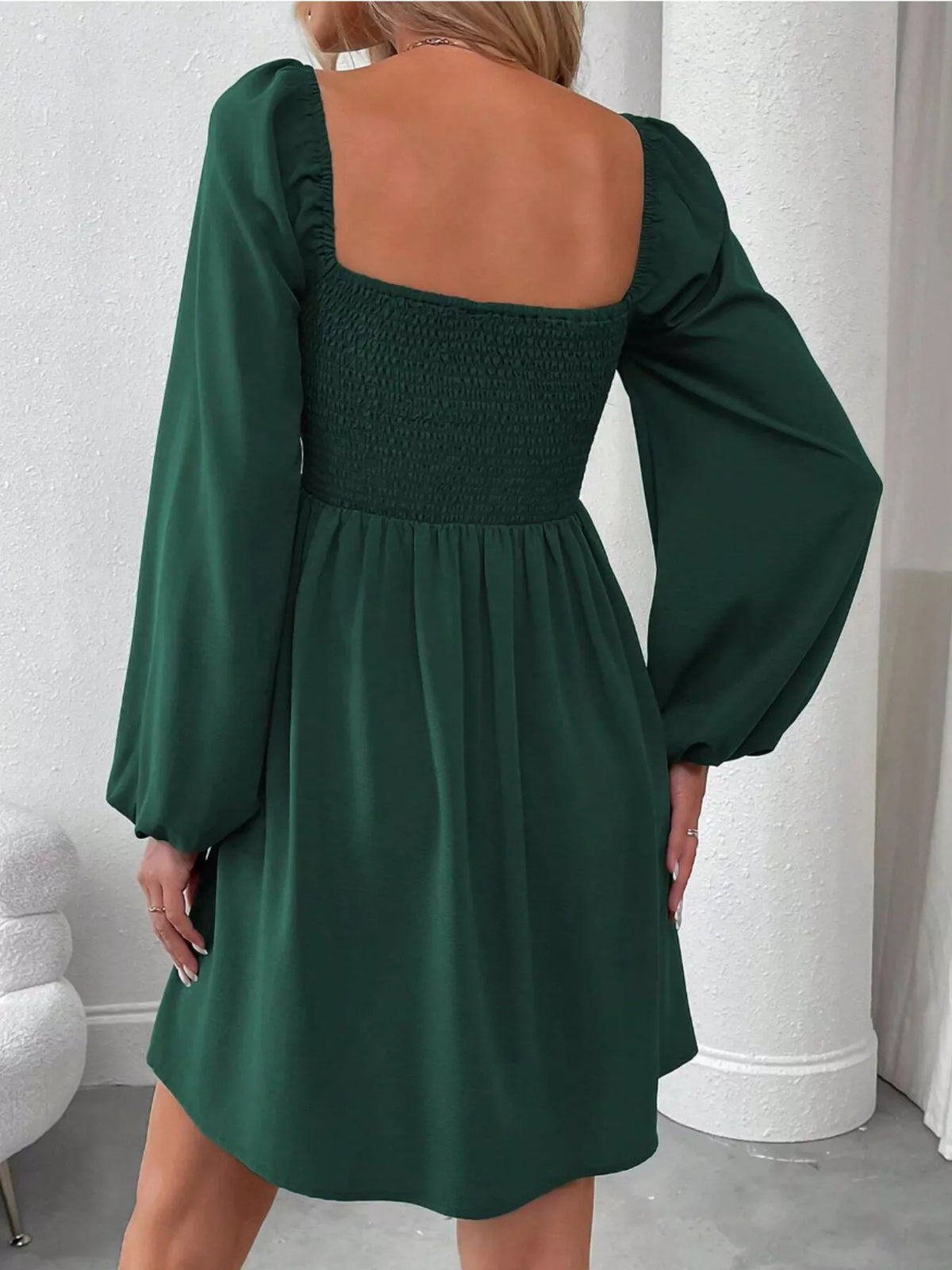 Ruched Square Neck Long Sleeve A-Line Dress - alternate view 3