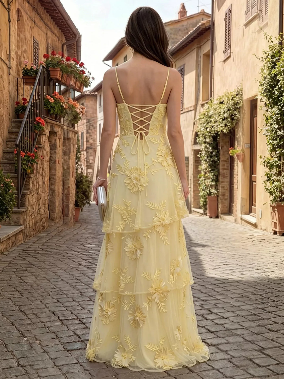 Floral Applique Tiered Maxi Dress with Lace Up Detail - alternate view 9