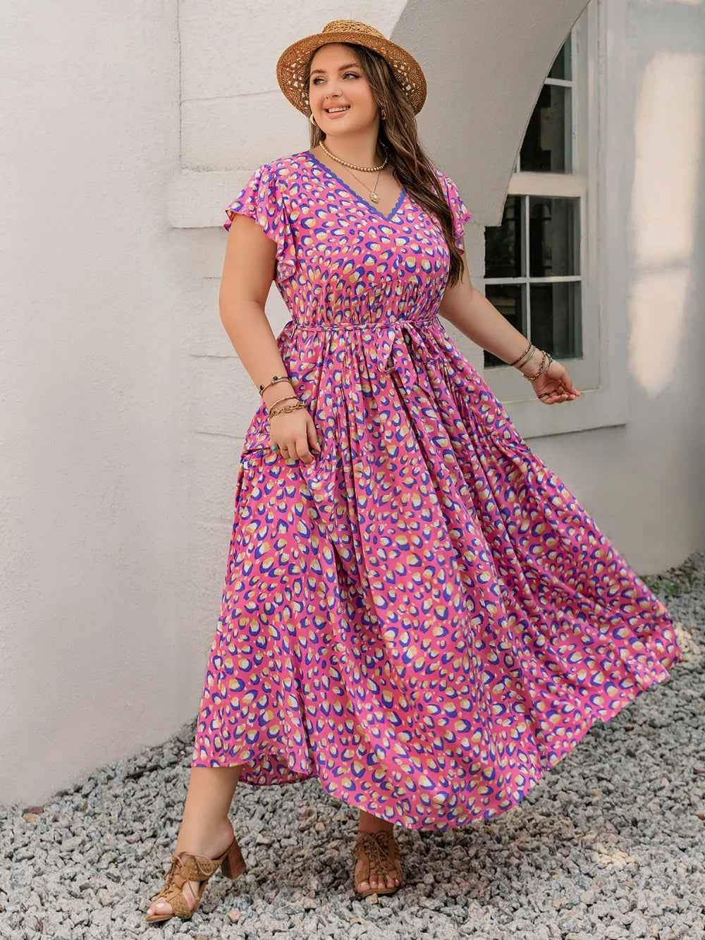 Printed V-Neck Flutter Sleeve Tie Waist Maxi Dress - alternate view 3