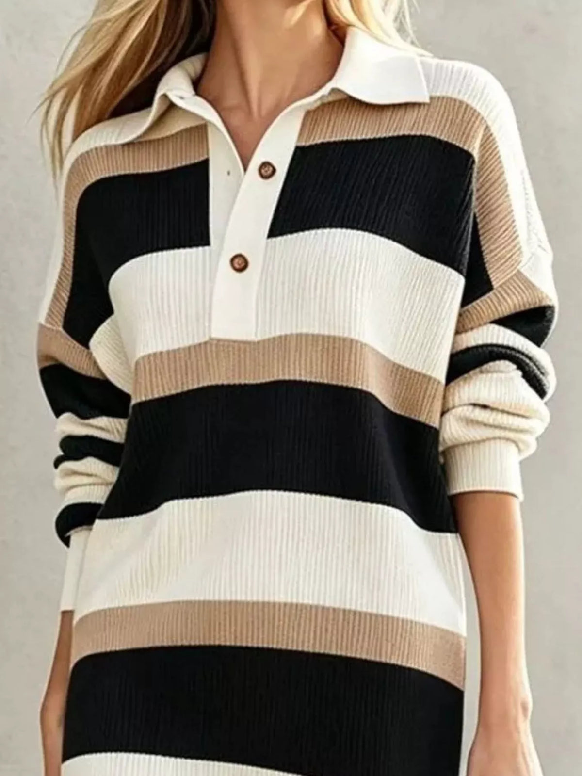 Striped Polo Collar Long Sleeve Sweater Dress - alternate view 3