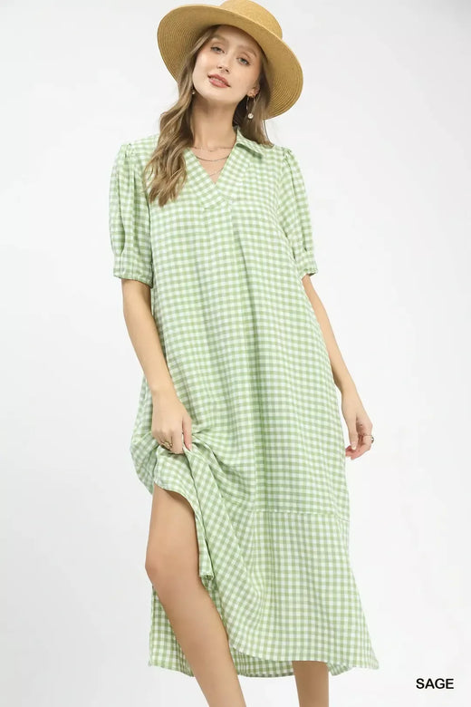 Gingham Midi Dress with Side Pockets