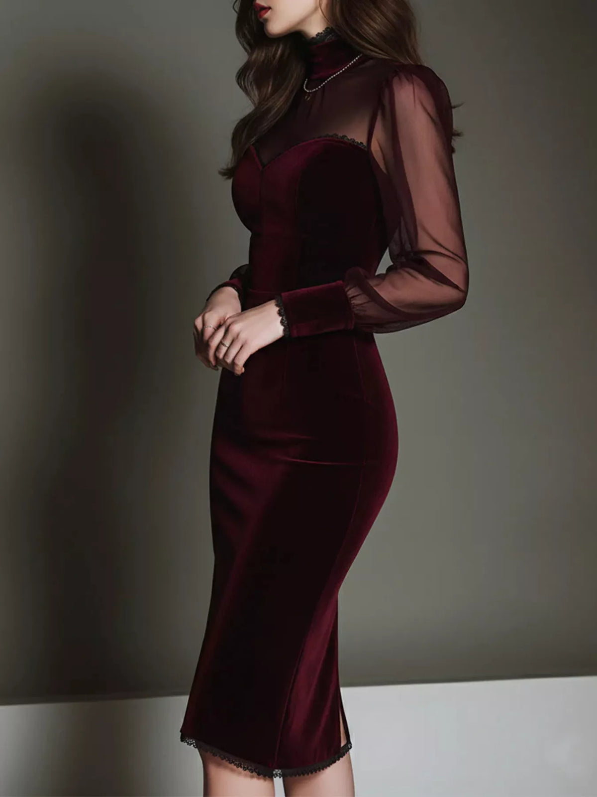 Velvet Bodycon Dress with Sheer Mesh Sleeves - alternate view 3