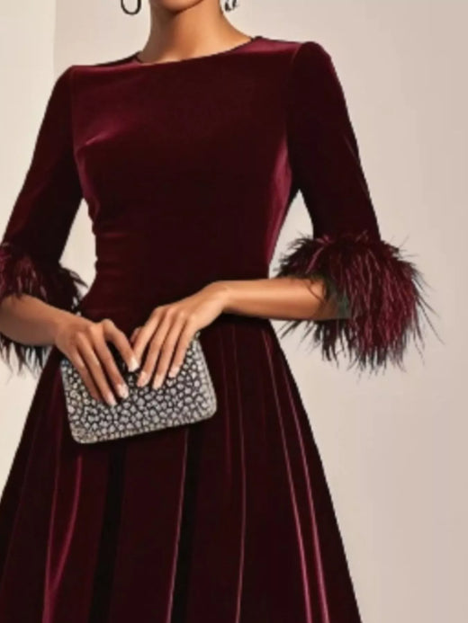 Velvet Midi Dress with Feather Cuffs - alternate view 4