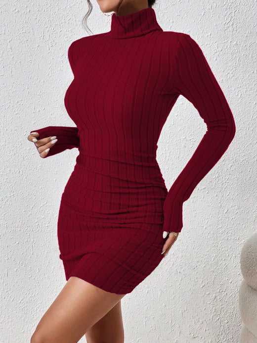 Christmas Outfit Turtleneck Ribbed Bodycon Knit Dress - alternate view 2